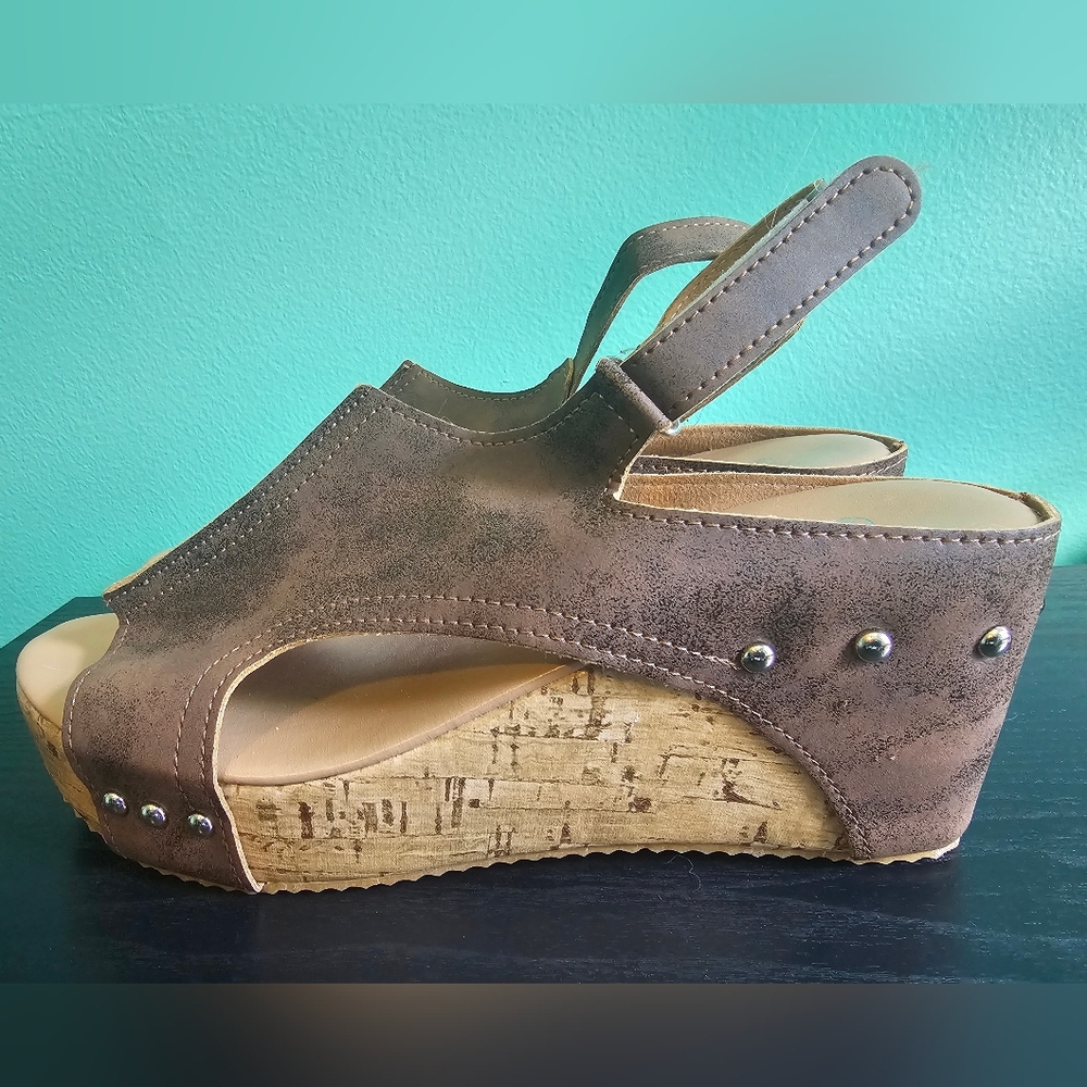 Shein Brown Studded Cork Wedge Sandals Women's Size 38